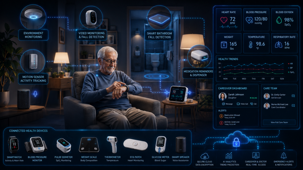Elderly man using remote patient monitoring devices at home with connected health sensors, wearable vitals tracking, caregiver dashboard, and real-time senior health alerts.