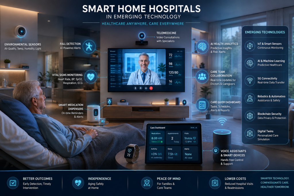 Smart Home Hospitals: AI-Powered Remote Healthcare for Aging in Place Smart home hospitals for aging in place, using AI, telemedicine, remote patient monitoring, wearable health devices, and smart sensors to support aging in place and connected geriatric care.