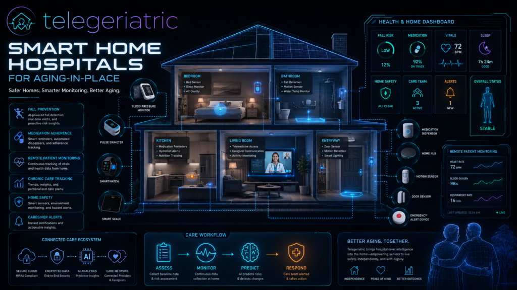 Smart home elderly care hero image showing a TeleGeriatric connected senior care home with remote patient monitoring, fall prevention sensors, medication adherence tools, telemedicine access, caregiver alerts, and smart home healthcare technology on a dark futuristic blueprint background.