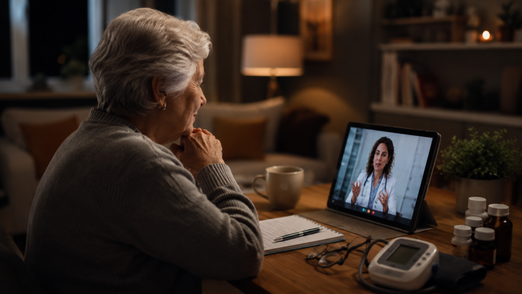 Elderly woman attending a teleconsultation for seniors from home with a doctor on a tablet, medical notes, medications, and remote care devices nearby.