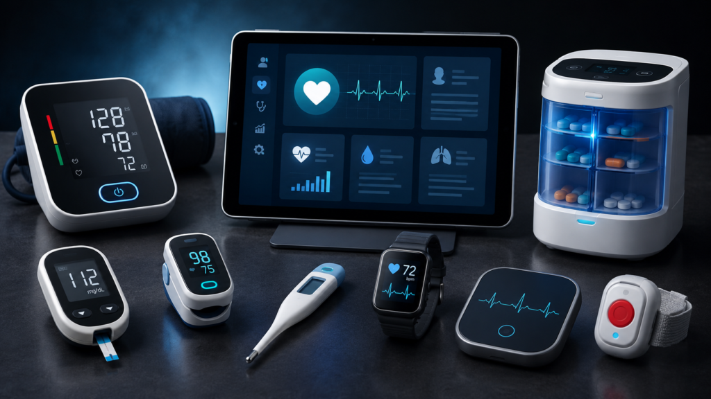 High-tech telehealth devices for seniors including blood pressure monitor, glucose meter, pulse oximeter, thermometer, smartwatch, ECG device, medication dispenser, and virtual care dashboard.