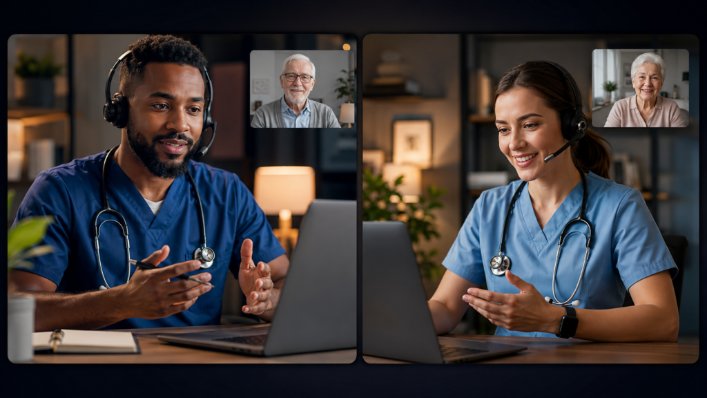 Male and female nurses providing online senior care through separate telehealth screens for remote virtual nursing support.