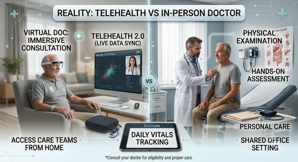 Comparing Telehealth vs In-Person Doctor Consultations A split-screen infographic comparing "Telehealth vs In-Person Doctor" visits. The left side shows a senior man at home wearing wearable sensors and an AR headset during a virtual consultation with live data syncing. The right side shows the same senior man sitting on an examination table in a clinic while a doctor conducts a hands-on physical evaluation using a stethoscope.