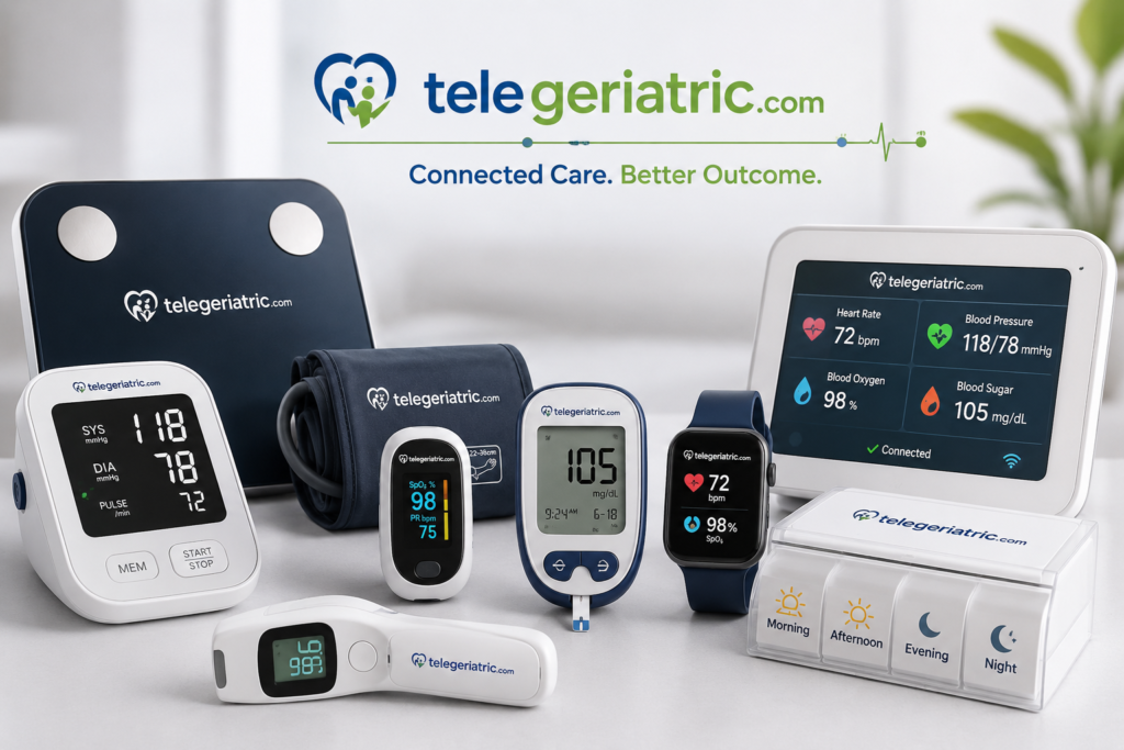 Telegeriatric telemedicine devices for senior care including blood pressure monitor, pulse oximeter, glucose meter, smartwatch, smart scale and medication organizer supporting geriatric medicine and longevity.