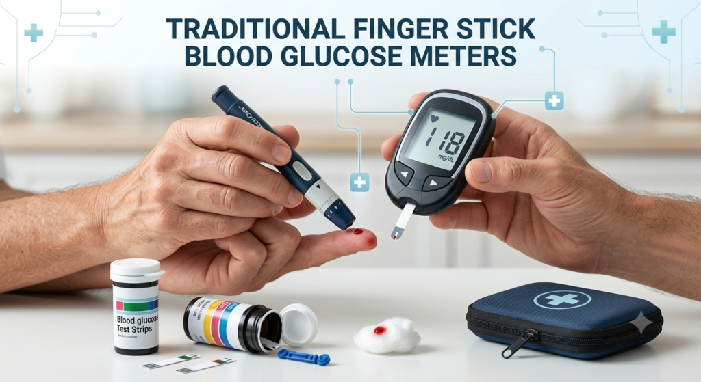 Traditional Finger Stick Blood Glucose Meters for Diabetes Monitoring A person using a traditional finger stick blood glucose meter with lancing device and test strips.