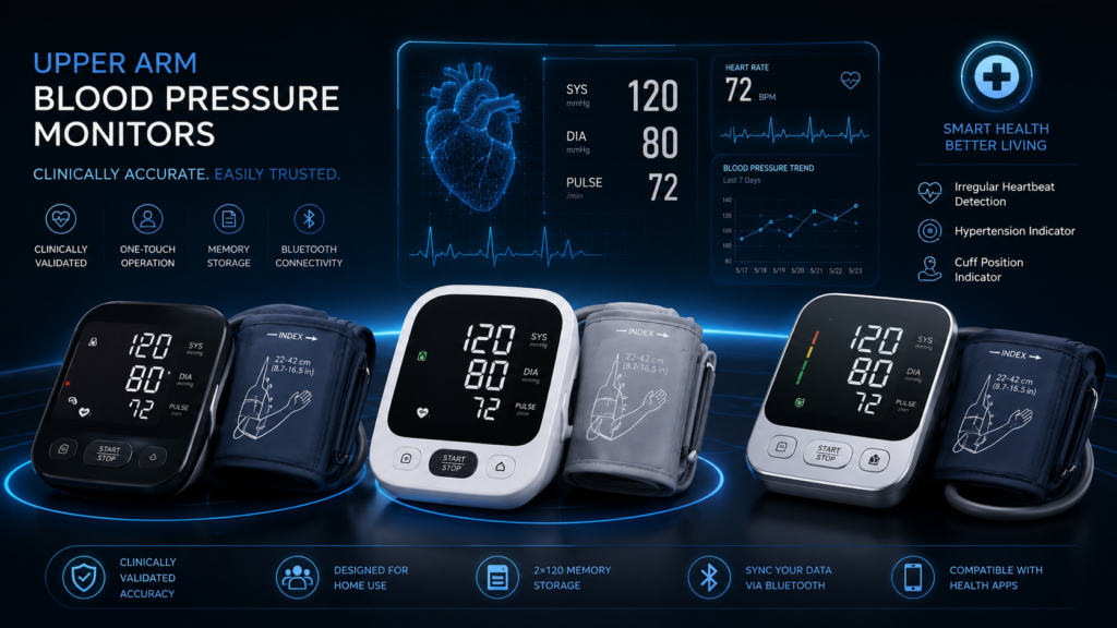 Upper Arm Blood Pressure Monitors for Accurate Home BP Tracking High-tech upper arm blood pressure monitors with digital readings, cuff designs, Bluetooth syncing, memory storage, and home blood pressure tracking features.