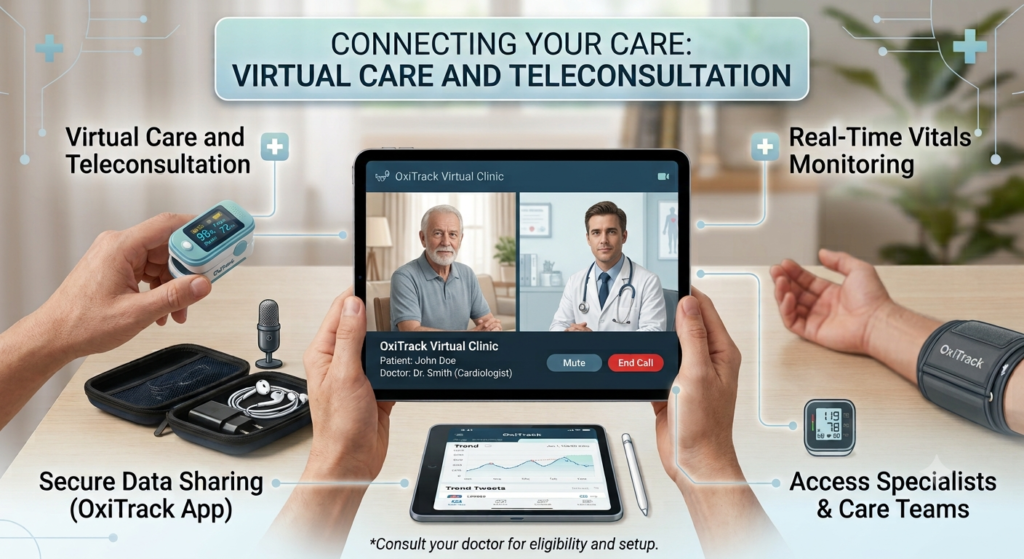Virtual Care and Teleconsultation Solutions for Home Health A medical infographic titled "Connecting Your Care: Virtual Care and Teleconsultation". A person holds a tablet showing a real-time video call between a senior patient and a doctor in a virtual clinic. The surrounding desk includes a pulse oximeter, a blood pressure cuff, a secondary data tracking tablet, and text highlights for real-time vitals monitoring and secure data sharing via the OxiTrack app.