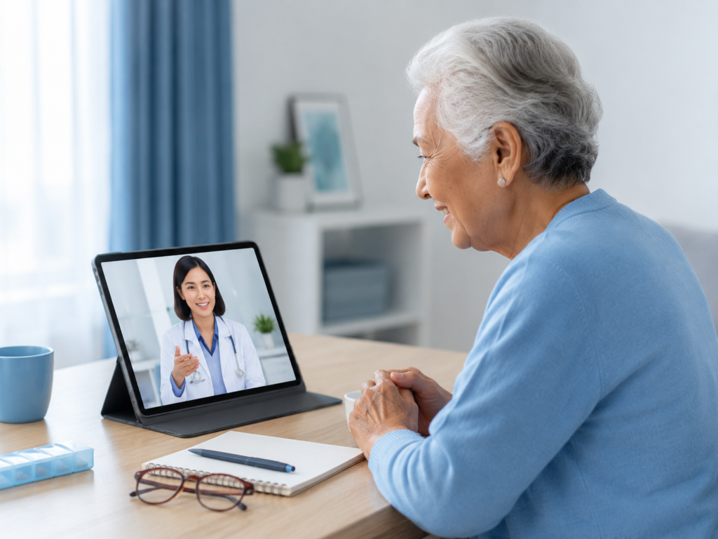 Elderly patient using virtual care and teleconsultation at home during a video visit with an online doctor.