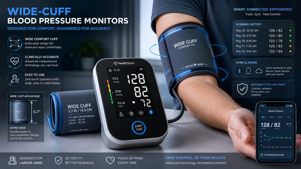 Wide-Cuff Blood Pressure Monitors Wide-cuff blood pressure monitor with large digital display, extra-wide upper arm cuff, smartphone syncing, and comfort-fit design for accurate home readings.