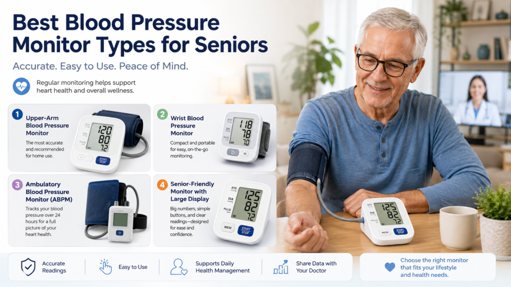 Best Blood Pressure Monitor Types for Seniors: Home Monitoring Guide Senior man using a digital upper-arm blood pressure monitor alongside wrist, ambulatory and large-display blood pressure monitor types.