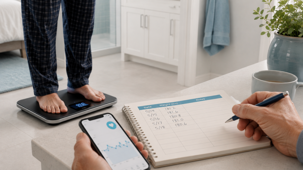 Daily Weight Monitoring for Heart Failure Older adult recording daily weight for heart failure in a monitoring log