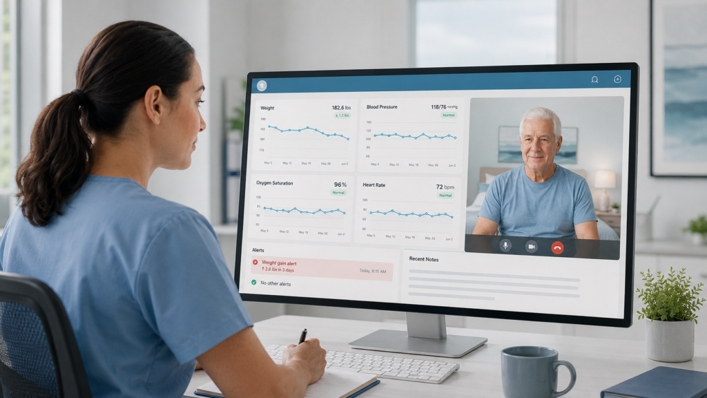 Remote Patient Monitoring for Heart Failure Nurse reviewing heart failure weight, blood pressure and oxygen data remotely