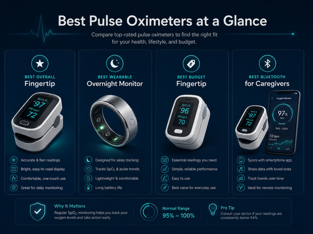 Best Pulse Oximeters Comparison at a Glance Best pulse oximeters comparison showing fingertip, wearable, budget and Bluetooth oxygen monitors for home use