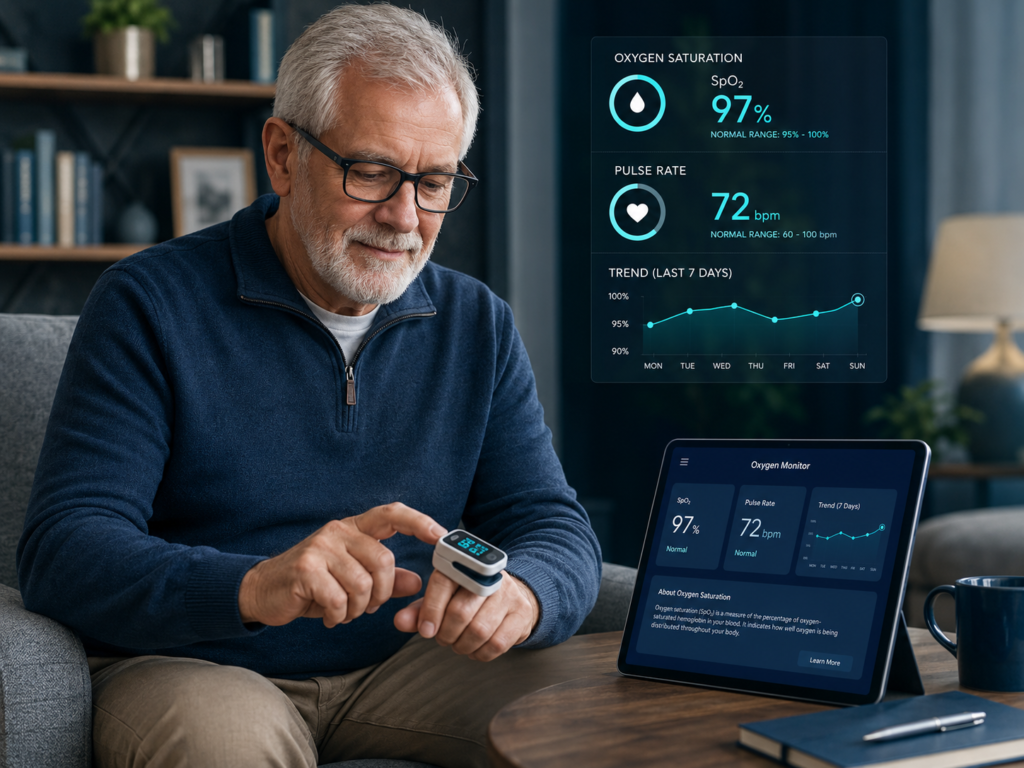 Best Pulse Oximeters for Senior Home Monitoring Senior using one of the best pulse oximeters at home with SpO2, pulse rate and telemedicine monitoring displayed nearby