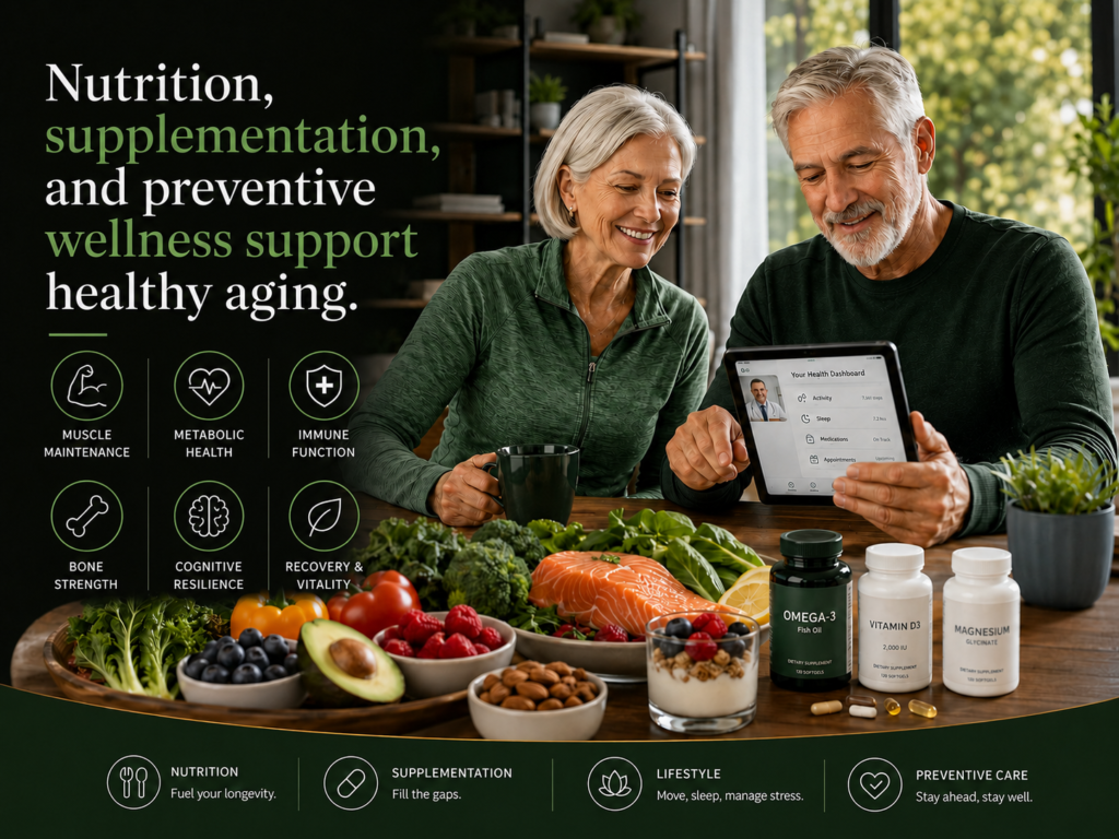 Older adults exploring healthy aging and longevity supplements alongside nutritious foods, preventive care and a telehealth dashboard