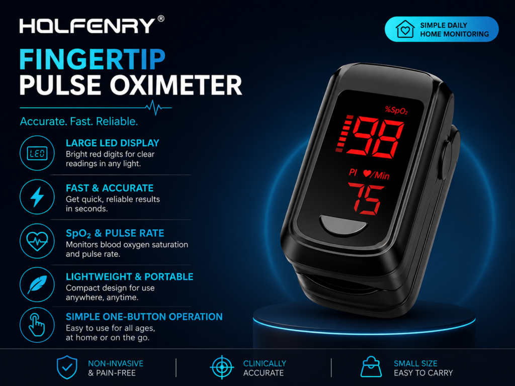 HOLFENRY Fingertip Pulse Oximeter With Large Display HOLFENRY fingertip pulse oximeter with large display showing SpO2, pulse rate and perfusion index readings