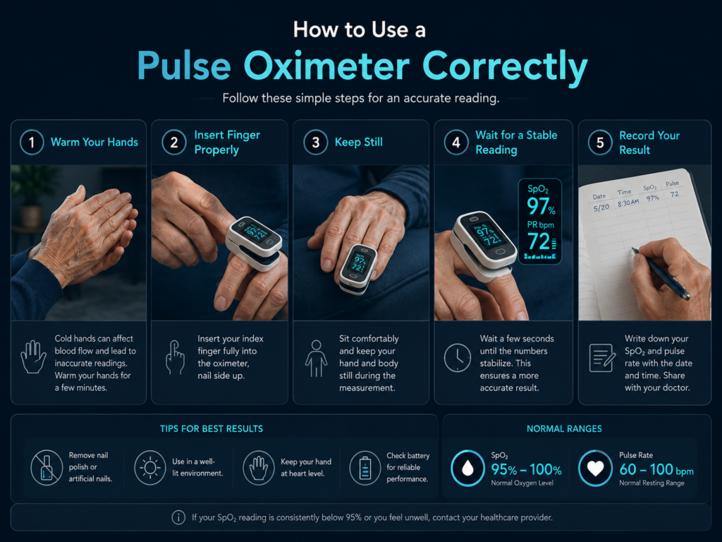How to Use a Pulse Oximeter Correctly How to use a pulse oximeter correctly by warming the hands, inserting the finger, remaining still and recording a stable reading