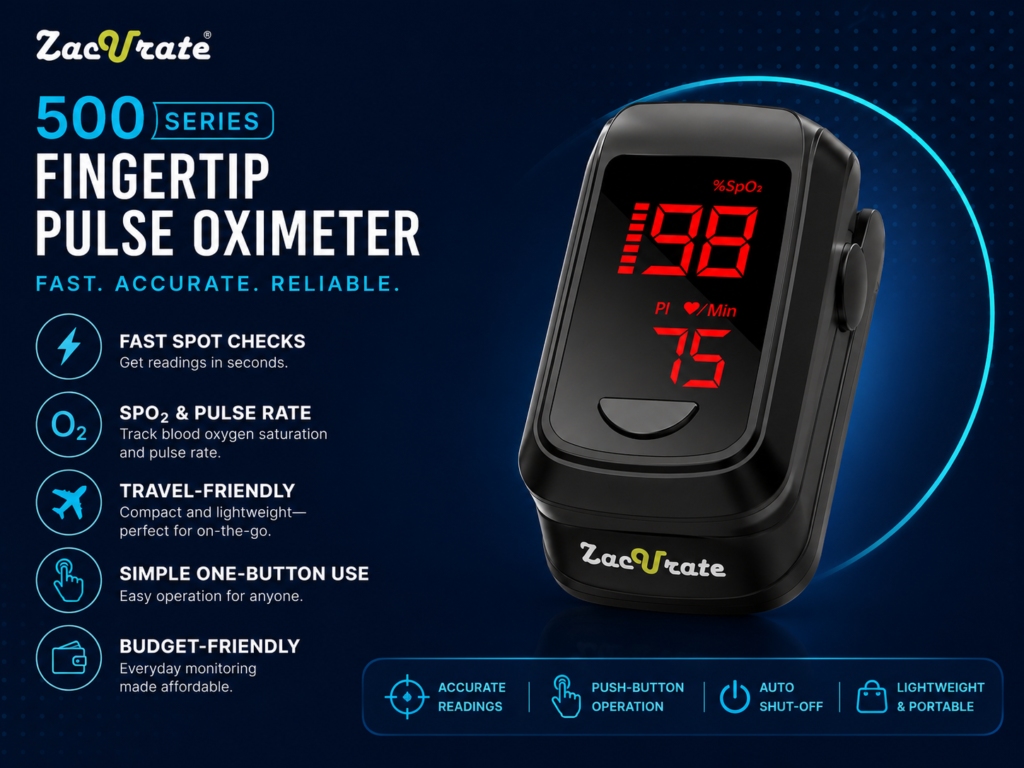 Zacurate 500 Series Fingertip Pulse Oximeter Zacurate 500 Series fingertip pulse oximeter with batteries, lanyard and blood oxygen display for home and travel use